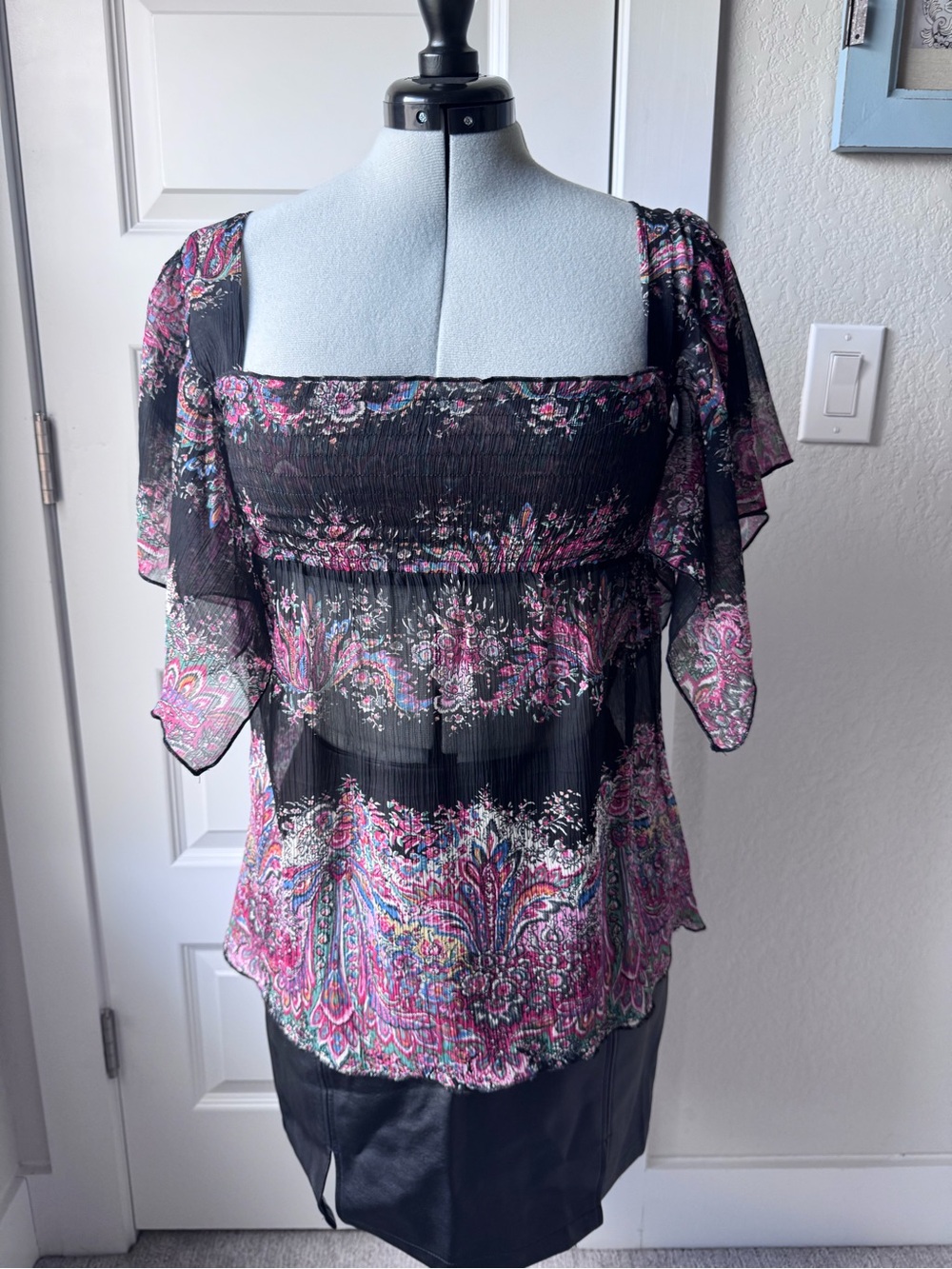 Copper Key Black Floral Paisley Smocked Square-Neck Top